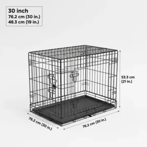 A technical diagram showing the length, width, and height dimensions of a 30 inch dog crate with measurements provided in centimetres for UK pet owners.