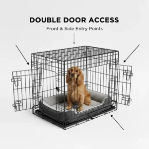 A close-up view of the double door access on a 30 inch metal dog crate, showing both the front and side doors for flexible home placement.