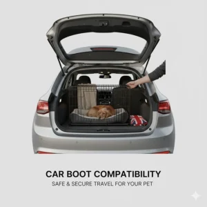 Illustration of a 36 inch dog crate fitting into the boot of a standard UK hatchback car for safe travel.