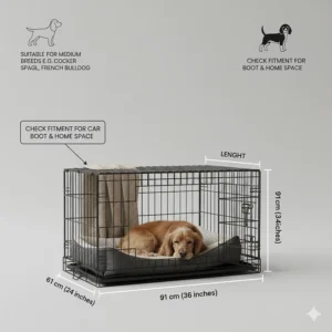 Diagram showing the dimensions of a 36 inch dog crate in both inches and centimetres to ensure a correct fit for medium-sized breeds.