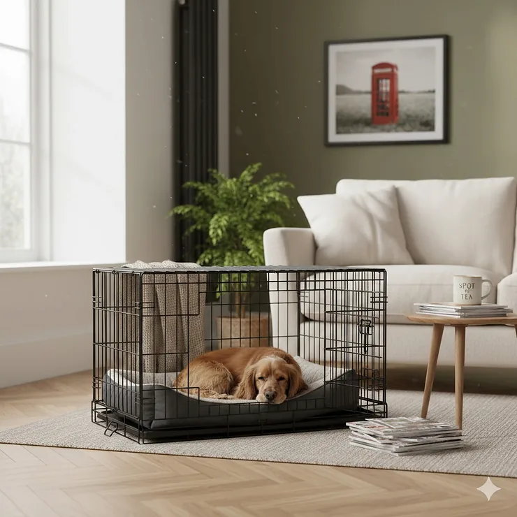 A 36 inch dog crate with a soft grey bed inside, positioned in a modern British living room next to a radiator.