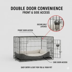 Technical drawing highlighting the front and side door access points of a 36 inch dog crate with secure heavy-duty latches.