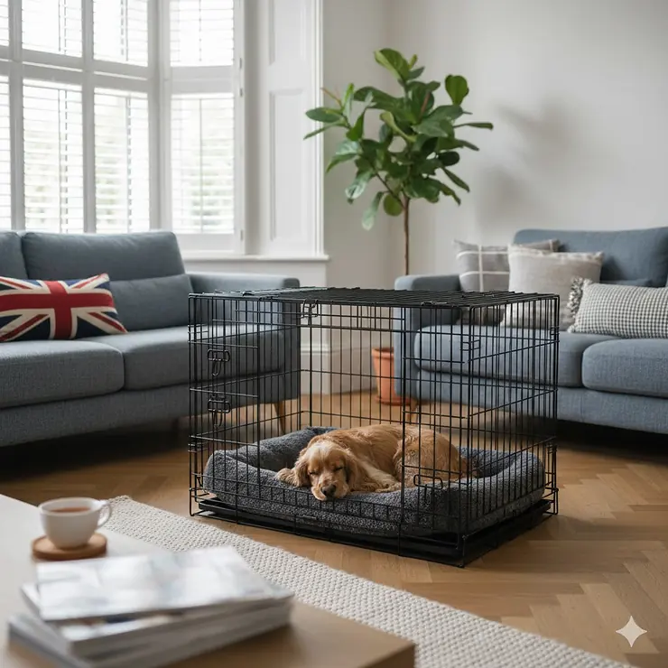 A premium 30 inch black metal dog crate with a plush grey bed inside, featuring a Cocker Spaniel resting in a bright British living room with a neutral aesthetic. 30 inch dog crate