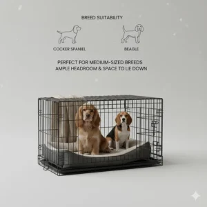 Illustration of a Cocker Spaniel and a Beagle sitting comfortably inside a 36 inch dog crate, showing appropriate head clearance.