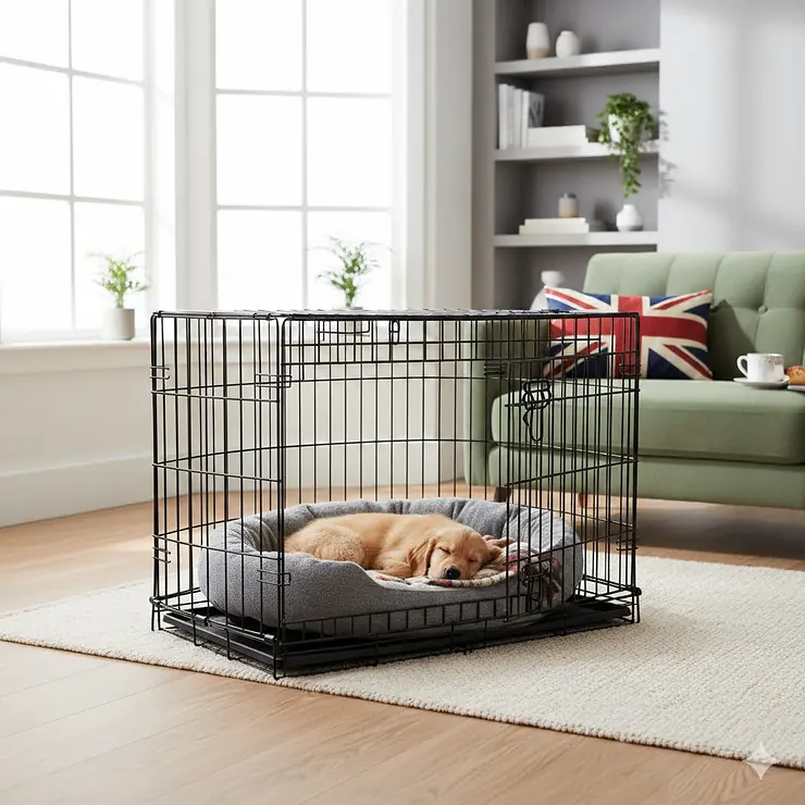 A high-quality black metal wire dog crate with a plush bed inside, situated in a modern British living room. best wire dog crate UK