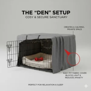 Illustration of a 36 inch dog crate styled as a cosy den with a fabric cover and a chew toy inside.