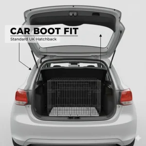 An illustration showing how a 30 inch dog crate fits into the boot of a standard UK hatchback car for safe pet travel.