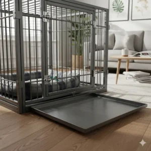 Easy-clean slide-out metal floor tray for a heavy duty dog crate, showing simple maintenance for UK owners.