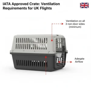 Illustration highlighting the three-sided ventilation openings required for IATA approved dog crates in the UK.