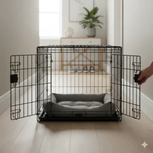A versatile metal dog crate with side and front door access for flexible placement in tight UK hallways.