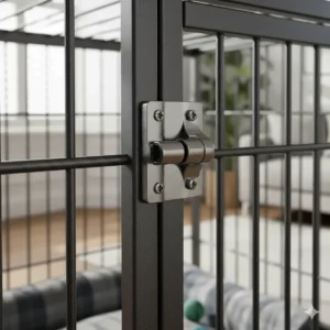 Double-lock anti-escape mechanism on a heavy duty dog crate for high-anxiety pets and powerful chewers.