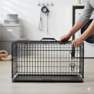Illustration showing a wire dog crate folded flat with a carrying handle for easy storage and transport.
