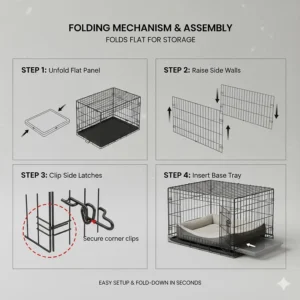 Step-by-step illustration showing how the 36 inch metal dog crate folds flat for easy storage under a bed or in a cupboard.