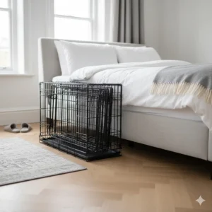 A flat-packed, foldable XL dog crate being stored under a bed, demonstrating its space-saving design.