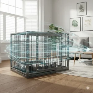 Illustration showing the open-bar design of a heavy duty dog crate to ensure maximum ventilation and visibility for the dog.