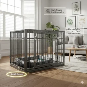 Diagram showing how to set up a heavy duty dog crate in a quiet corner of a UK home to create a safe den environment.