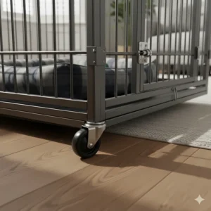 Industrial-strength 360-degree locking wheels on a large dog crate for easy movement across hardwood floors and carpets.