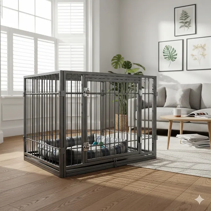 A heavy duty metal dog crate for strong dogs, featuring a reinforced steel frame and secure dual latches, situated in a modern UK living room. heavy duty dog crate for strong dogs