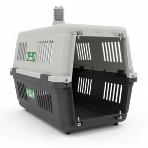 Side view of a rigid, heavy-duty plastic dog crate with secure metal bolts used for UK transatlantic pet shipping.