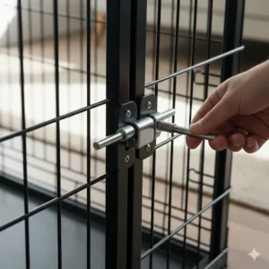 Close-up of secure dual-latches on a heavy-duty wire dog crate for added security.