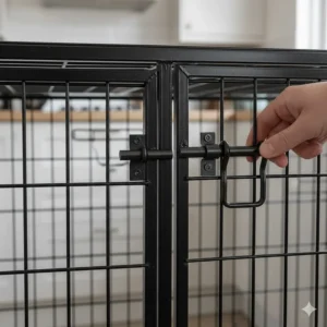 Close-up of the secure double-door heavy-duty bolts on a sturdy XL dog crate for added pet safety.