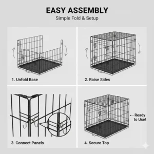 A step-by-step visual assembly guide showing how to easily set up and secure a 30 inch wire dog crate without using tools.