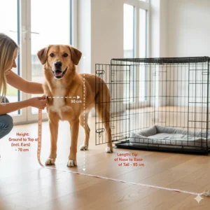 Diagram showing how to measure a dog’s height and length in centimetres to find the correct large dog crate size.