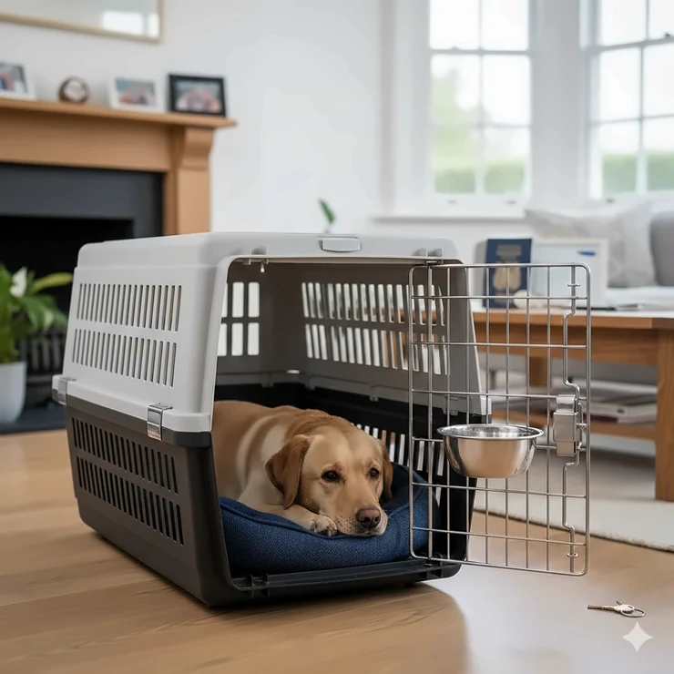 A Labrador sitting comfortably inside an IATA approved dog crate for UK airline travel, featuring secure door latches and ventilation.