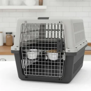 Close-up of clip-on water and food bowls attached to the metal mesh door of a pet carrier for international flights.