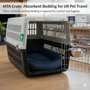 Internal view of an airline-approved dog crate with thick absorbent bedding as required by UK pet travel specialists.