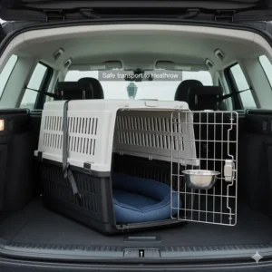 An IATA approved dog crate secured in the boot of a British estate car, demonstrating safe transport to Heathrow airport.