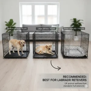 Comparison chart showing the best large dog crate sizes for an adult Labrador Retriever to stretch out fully.