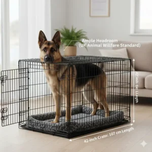 Illustration of a German Shepherd in a 42-inch large dog crate with enough headspace for UK animal welfare standards.