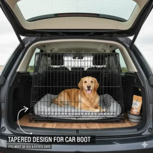 A tapered large dog crate designed to fit securely in the boot of a standard UK SUV or estate car.