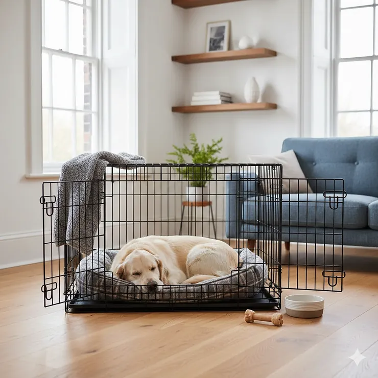 A comprehensive guide to large dog crate sizes showing a Golden Retriever sitting comfortably in a heavy-duty metal crate.