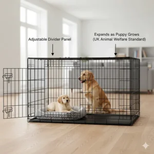 A large dog crate featuring a divider panel to adjust the floor size as a puppy grows into its adult dimensions.