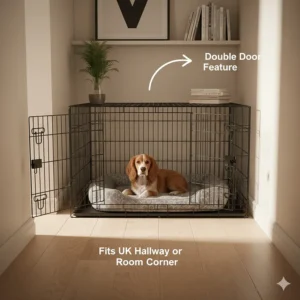 Illustration of a large dog crate with double doors, showing how it fits into a narrow UK hallway or living room corner.
