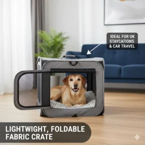 A lightweight, foldable large dog crate made of fabric, ideal for UK staycations and car travel.