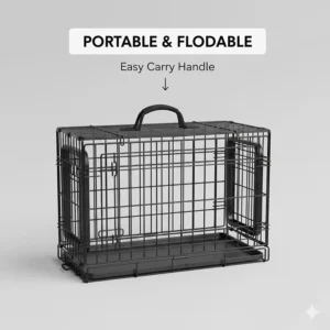 A demonstration of the portable design of a 30 inch dog crate, showing the unit folded flat with its integrated carrying handle for easy storage.