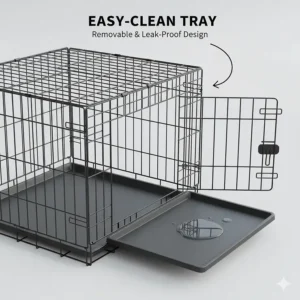 Illustration of the removable leak-proof plastic base tray being removed from a 30 inch dog crate for easy cleaning and hygiene maintenance.