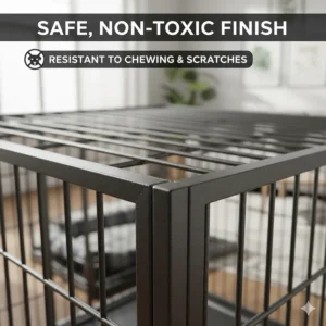 A close-up of the hammer-tone non-toxic powder coating on a dog crate, safe for dogs that chew their cage.
