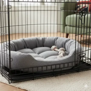 A cosy dog crate setup featuring a waterproof base and a soft fleece liner for a comfortable pet den.
