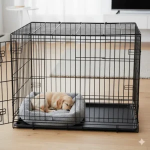 A wire dog crate featuring an adjustable divider panel to grow with a puppy during crate training.