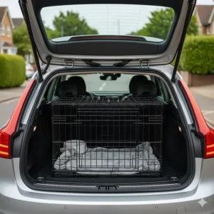 An XL dog crate fitted securely into the boot of a large UK estate car for safe travel with pets.