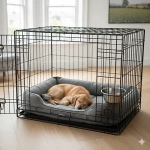 An XL dog crate with an internal divider panel being used for crate training a growing puppy.
