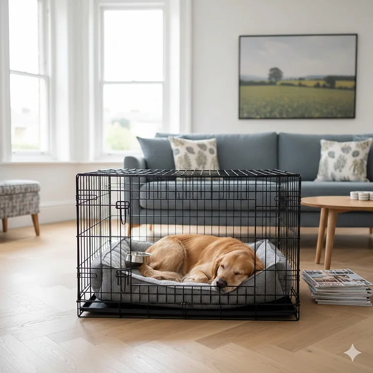 Extra large black metal wire XL dog crate in a modern UK living room, suitable for Labradors and Golden Retrievers.