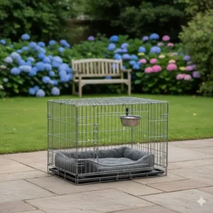 A galvanised metal XL dog crate set up on a patio in a British garden during summer.