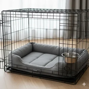 Internal view of an XL dog crate featuring a thick orthopaedic dog bed and a water bowl.