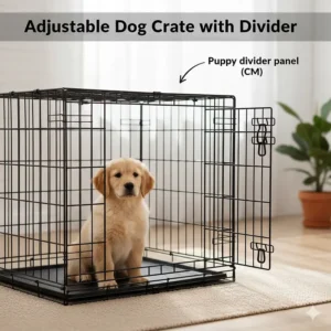 A photorealistic image of a puppy inside a wire dog crate featuring a metal divider panel used to adjust the living space as the dog grows.