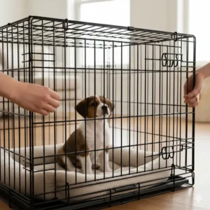 A puppy divider panel being installed in a MidWest crate to adjust the living space as the dog grows.